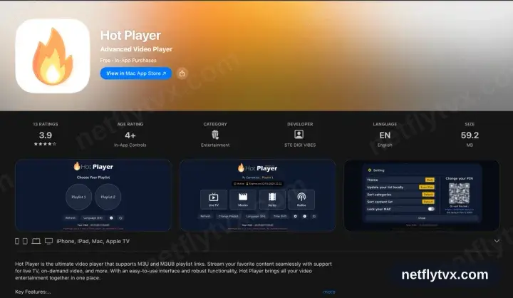 Hot Player on its App Store listing, showing iPhone, iPad, Mac and Apple TV support