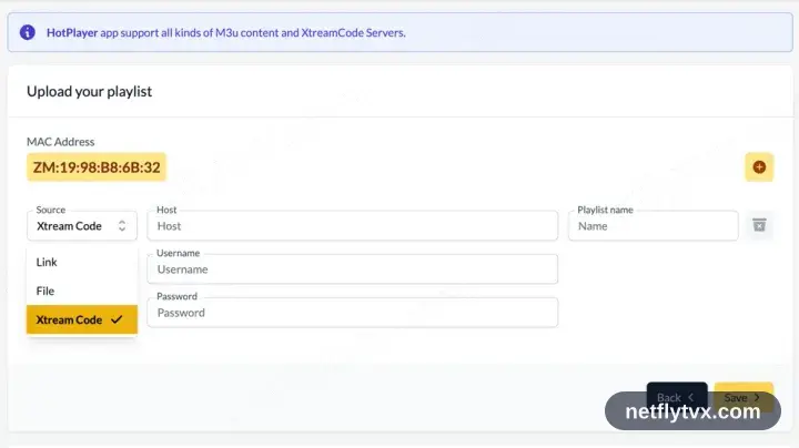 Page d'envoi HotPlayer avec le type Xtream Codes et les champs serveur, identifiant et mot de passe
