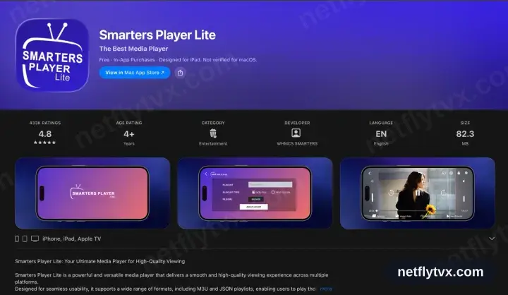Smarters Player Lite sur sa fiche App Store, compatible iPhone, iPad et Apple TV