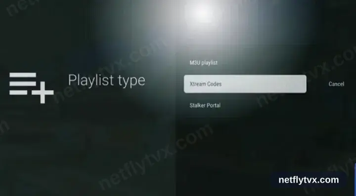 L’écran du type de playlist TiviMate avec l’option Xtream Codes sélectionnée