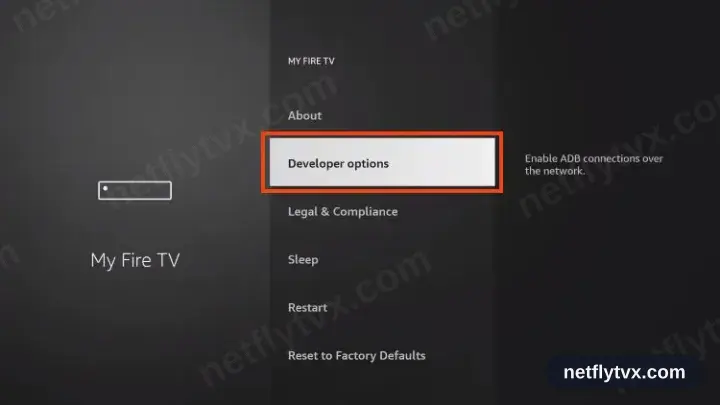 Le menu Mon Fire TV affichant maintenant l’entrée Options pour les développeurs