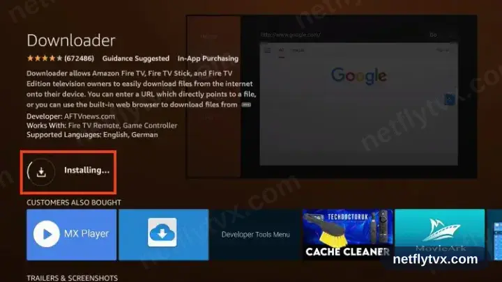 Downloader en cours d’installation sur le Firestick, avec l’indicateur de progression
