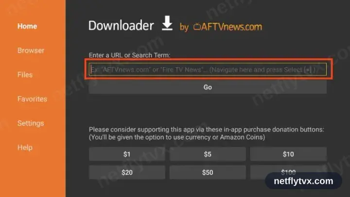 L’application Downloader avec le champ URL sélectionné sur l’onglet Home