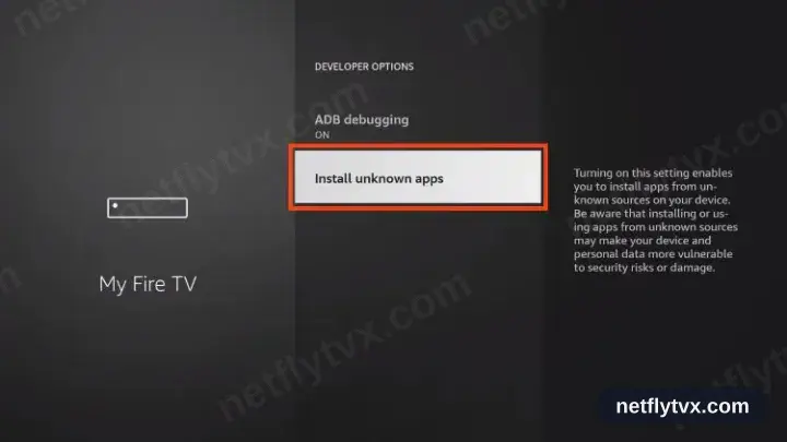 Le menu Options pour les développeurs avec Installer des applications inconnues sélectionné