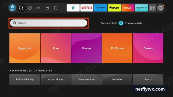 L’écran d’accueil Fire TV avec l’icône de recherche sélectionnée en haut à gauche