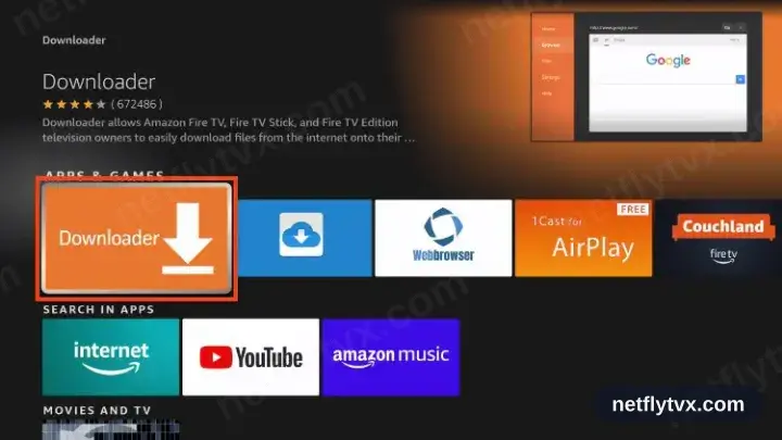 L’application orange Downloader sélectionnée dans les résultats de recherche Fire TV