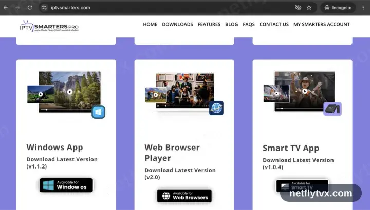 La page de téléchargement IPTV Smarters avec le bouton de téléchargement de l'app Windows